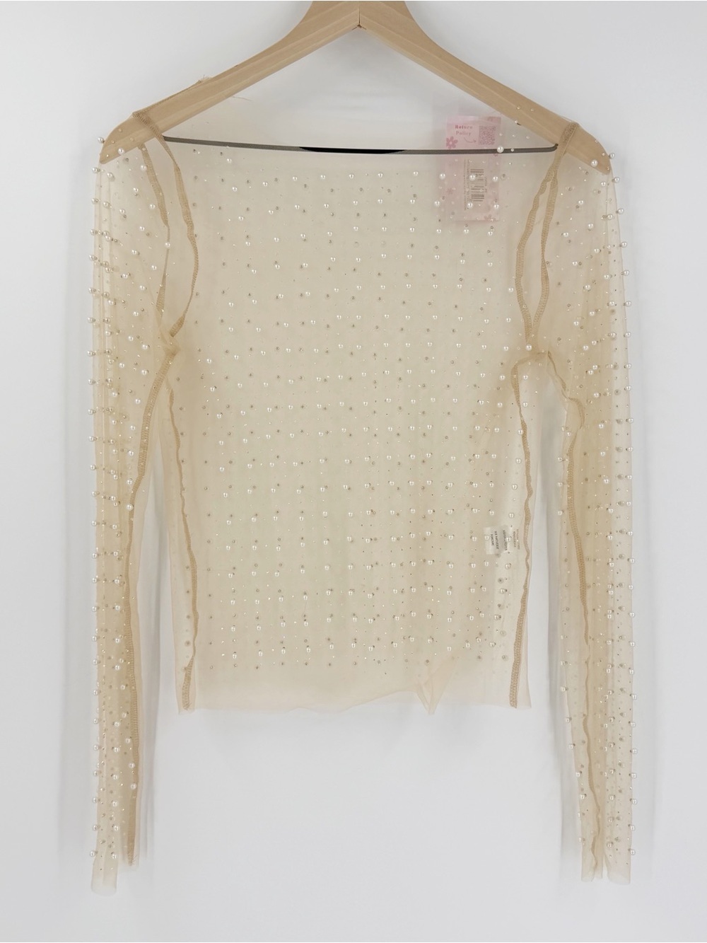 NWT Janessa Mesh Top with Pearls and Rhinestones Embellished Nude